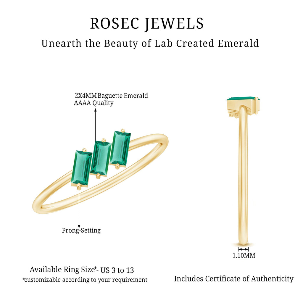 Lab Grown Emerald Ring – Three Stone Promise Band With Baguette Emeralds