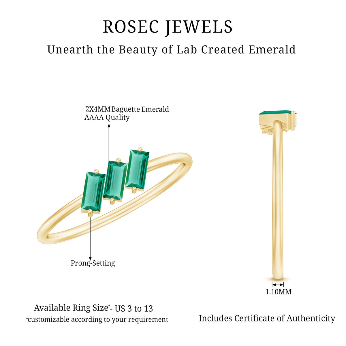 Lab Grown Emerald Ring – Three Stone Promise Band With Baguette Emeralds