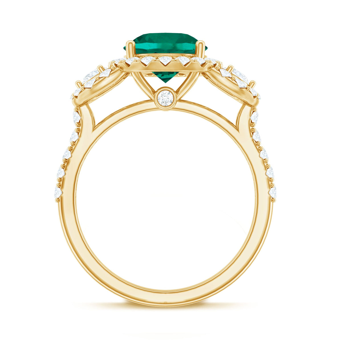 Lab Grown Emerald Ring - Vintage Engagement Band with 2 Carat Round Cut Emerald & Moissanite
