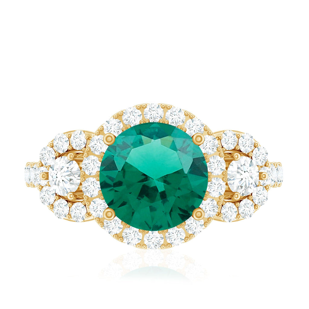 Lab Grown Emerald Ring - Vintage Engagement Band with 2 Carat Round Cut Emerald & Moissanite