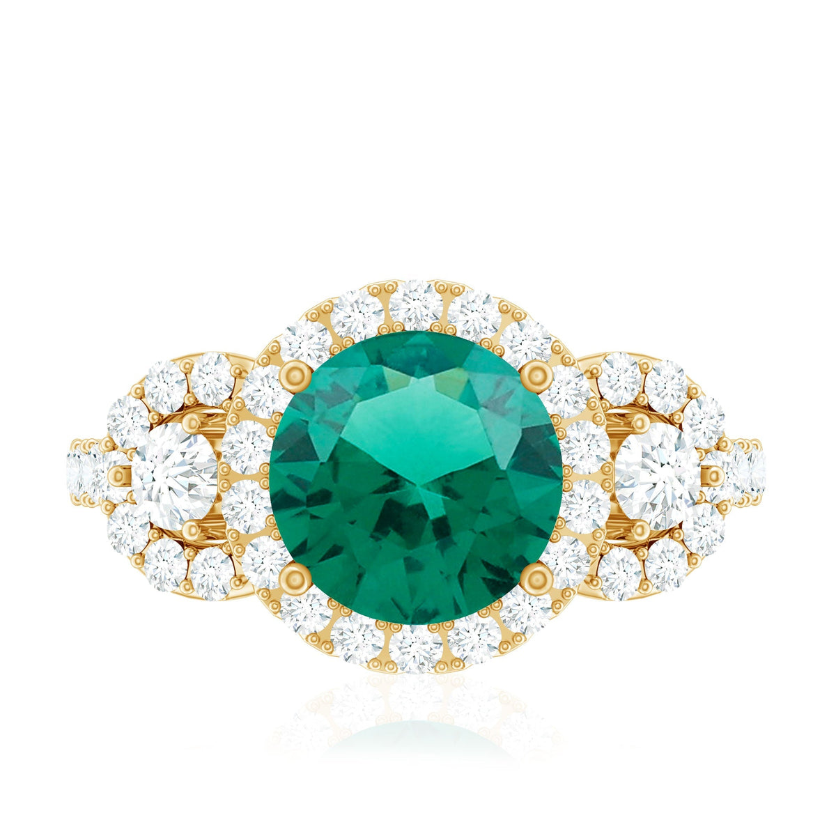 Lab Grown Emerald Ring - Vintage Engagement Band with 2 Carat Round Cut Emerald & Moissanite