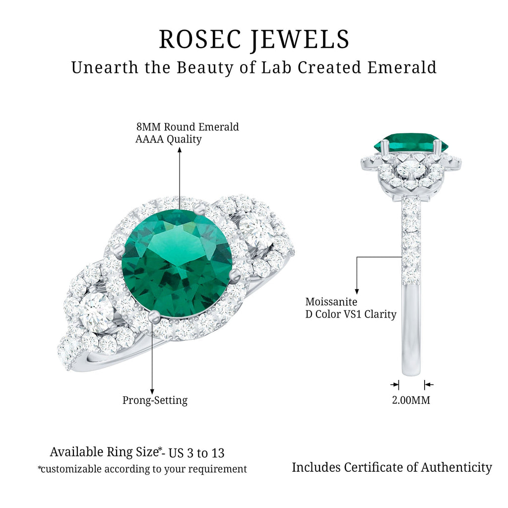 Lab Grown Emerald Ring - Vintage Engagement Band with 2 Carat Round Cut Emerald & Moissanite