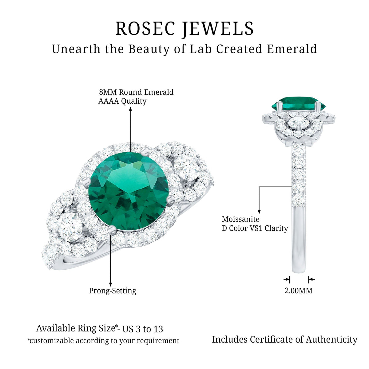Lab Grown Emerald Ring - Vintage Engagement Band with 2 Carat Round Cut Emerald & Moissanite