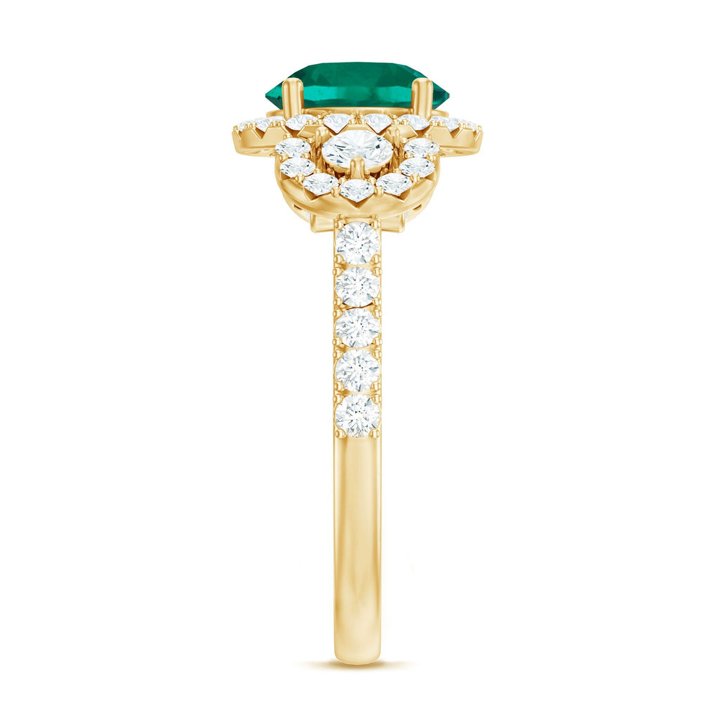 Lab Grown Emerald Ring - Vintage Engagement Band with 2 Carat Round Cut Emerald & Moissanite