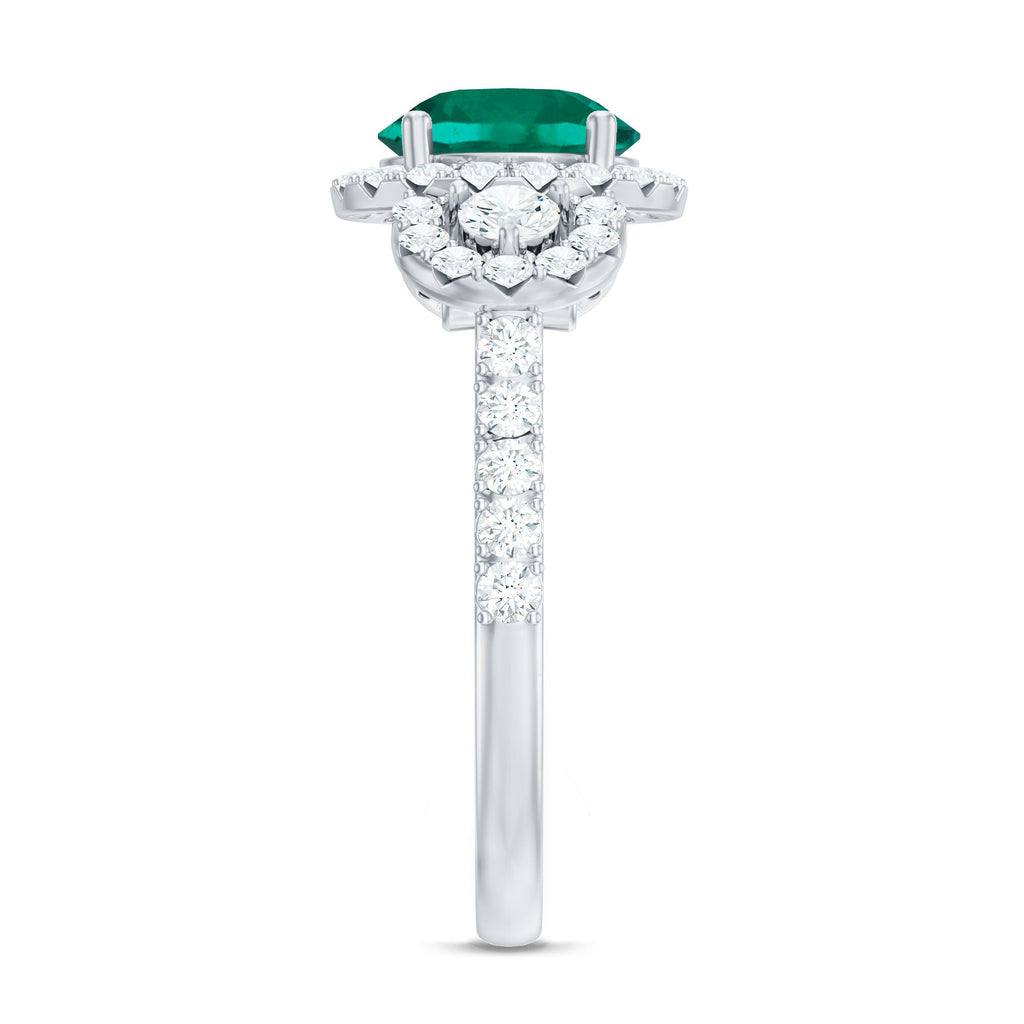 Lab Grown Emerald Ring - Vintage Engagement Band with 2 Carat Round Cut Emerald & Moissanite