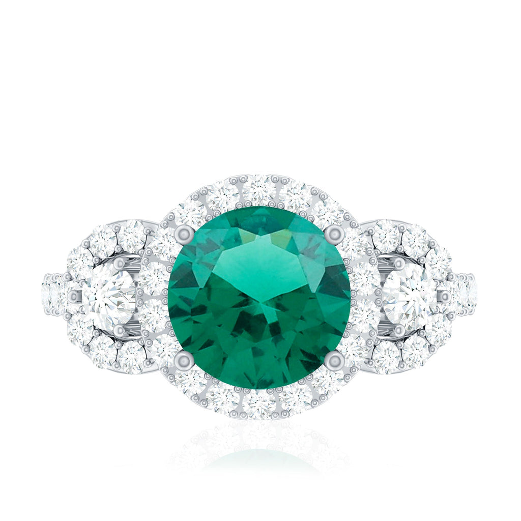 Lab Grown Emerald Ring - Vintage Engagement Band with 2 Carat Round Cut Emerald & Moissanite