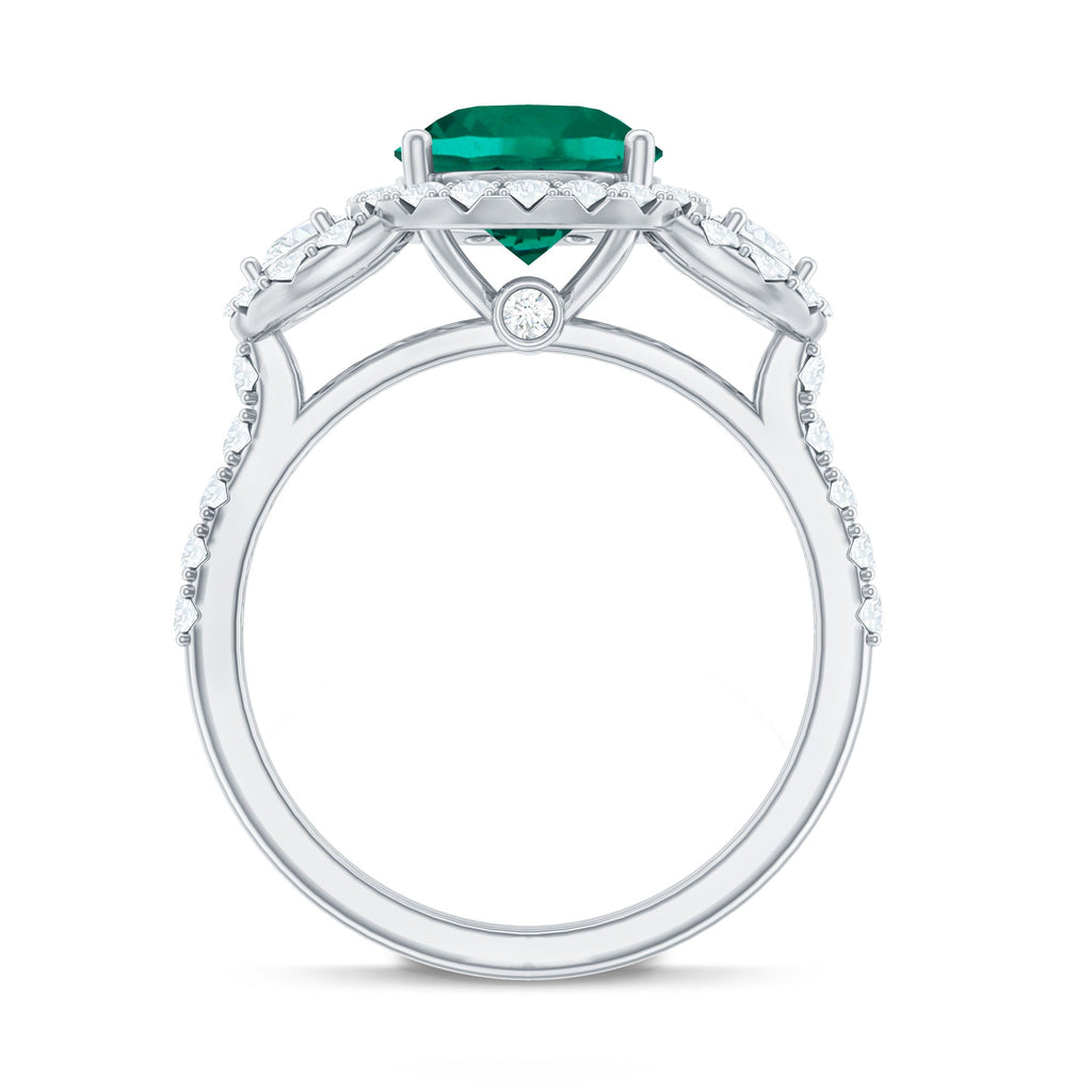 Lab Grown Emerald Ring - Vintage Engagement Band with 2 Carat Round Cut Emerald & Moissanite