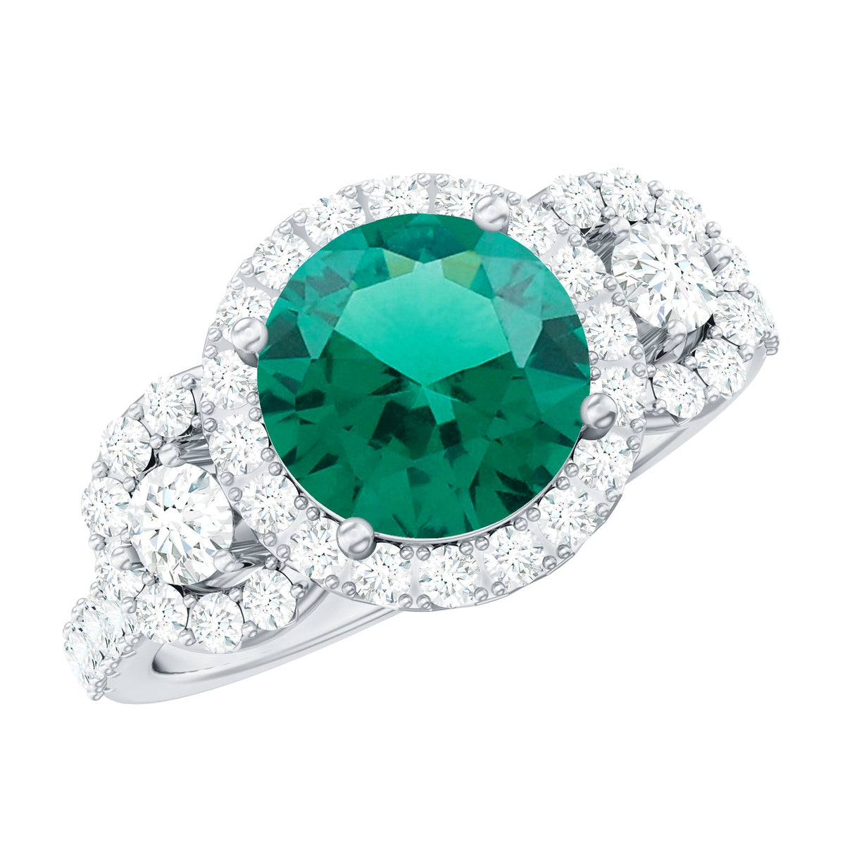 Lab Grown Emerald Ring - Vintage Engagement Band with 2 Carat Round Cut Emerald & Moissanite