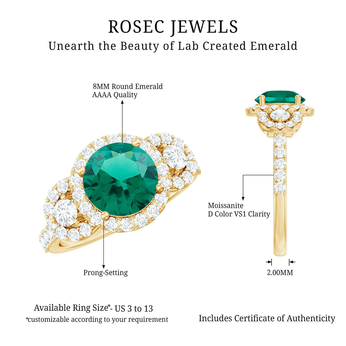 Lab Grown Emerald Ring - Vintage Engagement Band with 2 Carat Round Cut Emerald & Moissanite