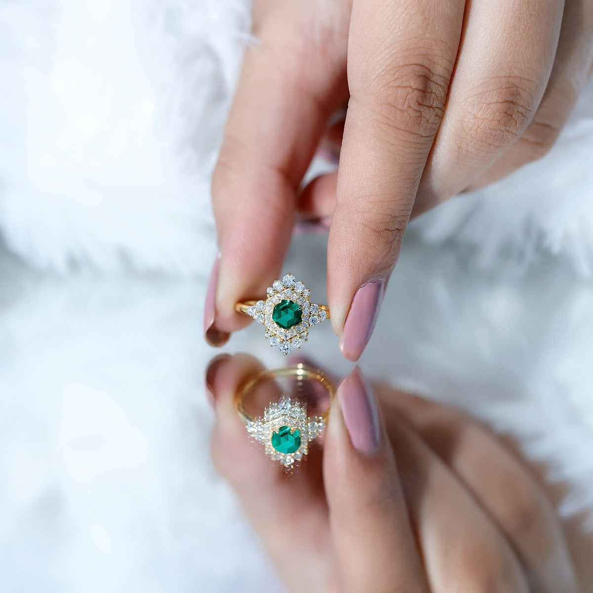 Lab Grown Emerald Ring – Vintage Engagement Ring With Diamond Halo In Silver