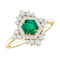 Lab Grown Emerald Ring – Vintage Engagement Ring With Diamond Halo In Silver