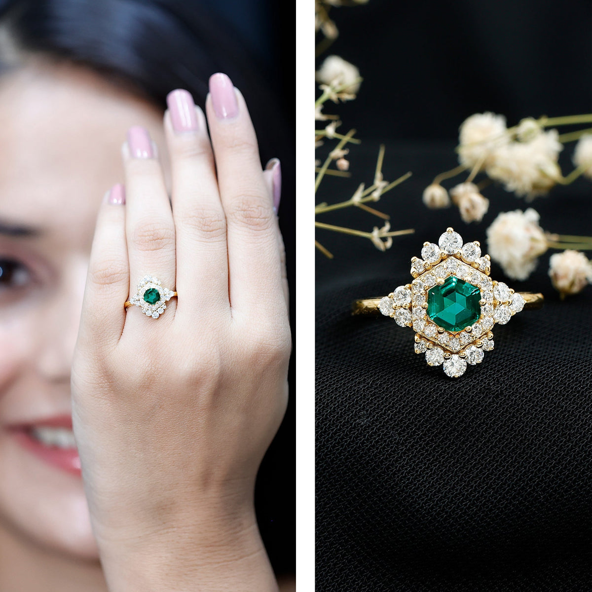 Lab Grown Emerald Ring – Vintage Engagement Ring With Diamond Halo In Silver