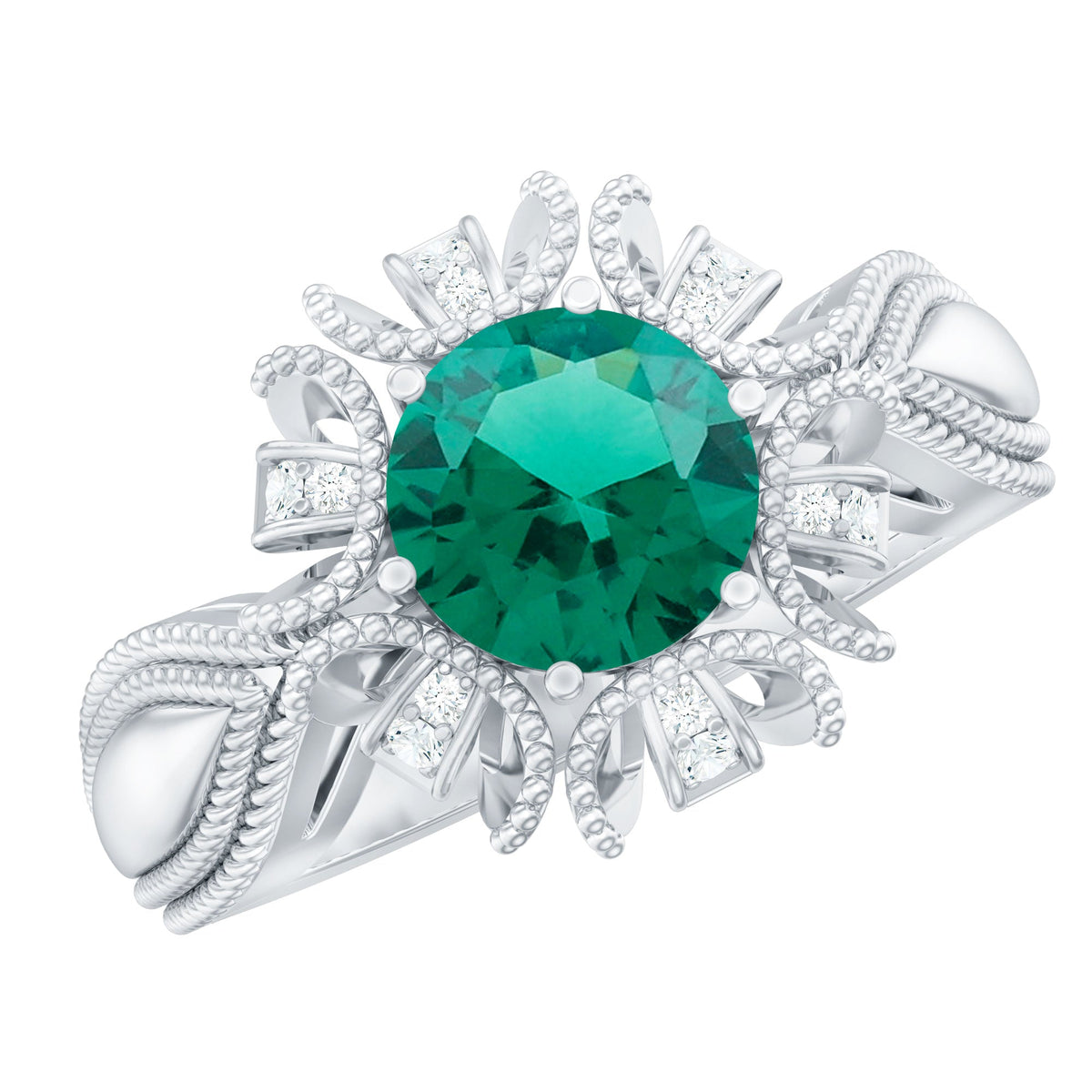 Lab Grown Emerald Ring – Vintage Flower Engagement Ring With Beaded Detailing
