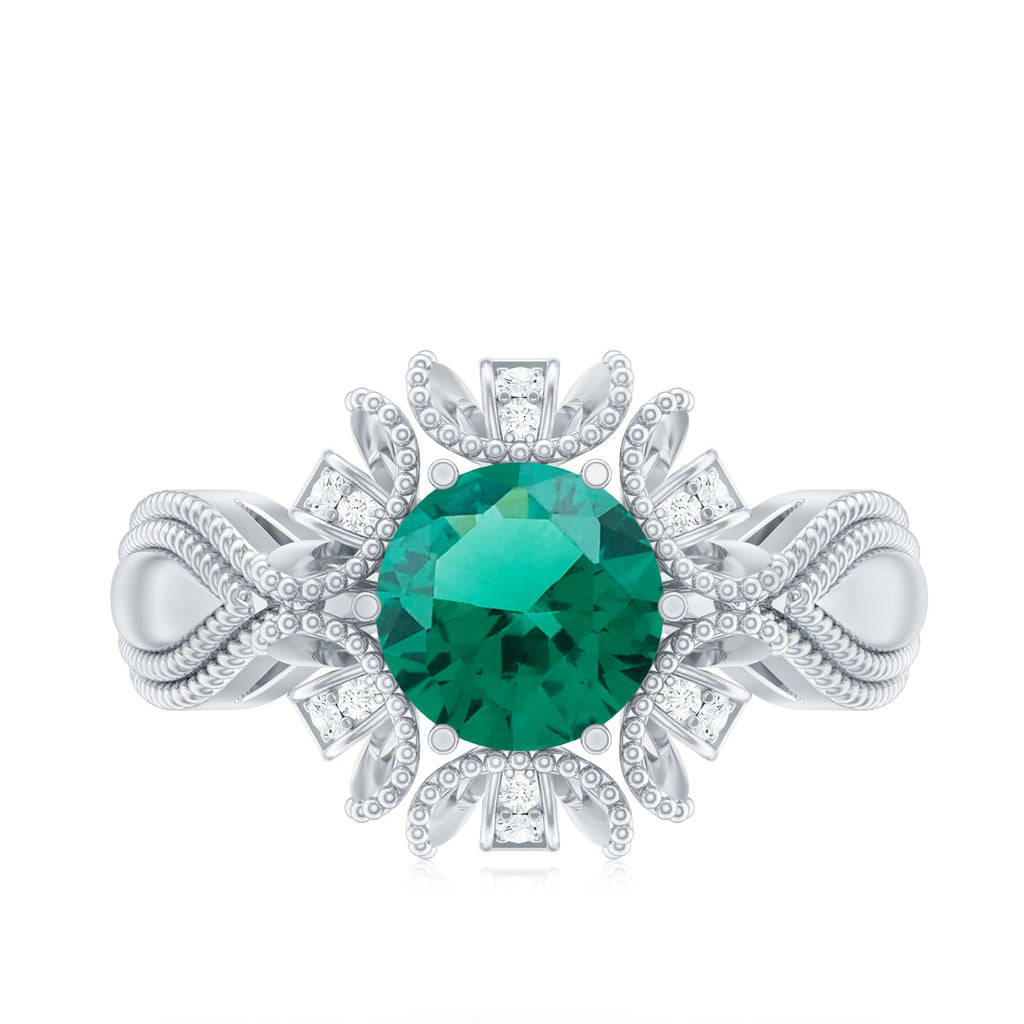 Lab Grown Emerald Ring – Vintage Flower Engagement Ring With Beaded Detailing
