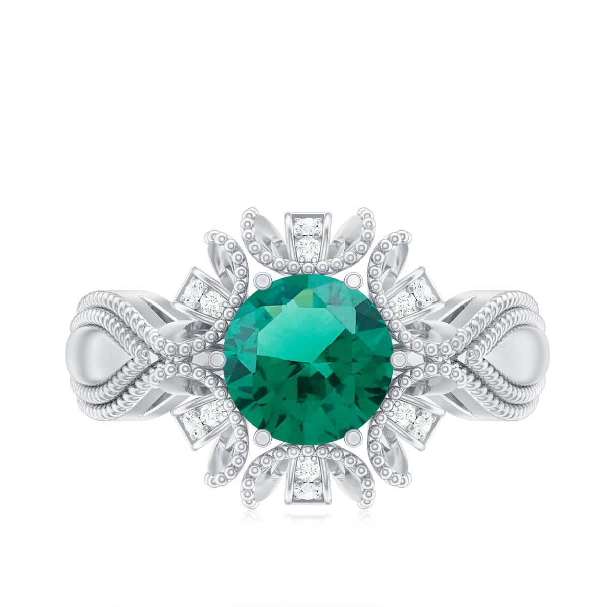 Lab Grown Emerald Ring – Vintage Flower Engagement Ring With Beaded Detailing