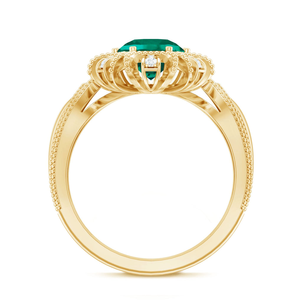 Lab Grown Emerald Ring – Vintage Flower Engagement Ring With Beaded Detailing
