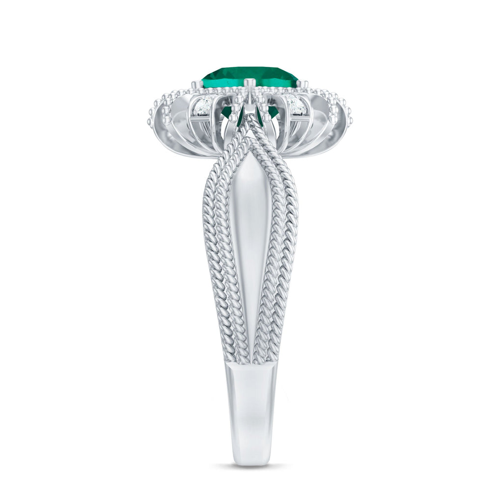 Lab Grown Emerald Ring – Vintage Flower Engagement Ring With Beaded Detailing