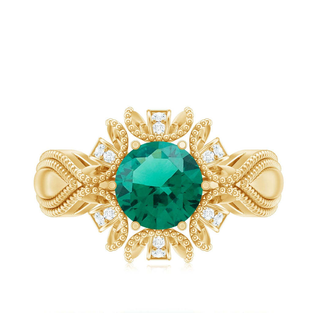 Lab Grown Emerald Ring – Vintage Flower Engagement Ring With Beaded Detailing