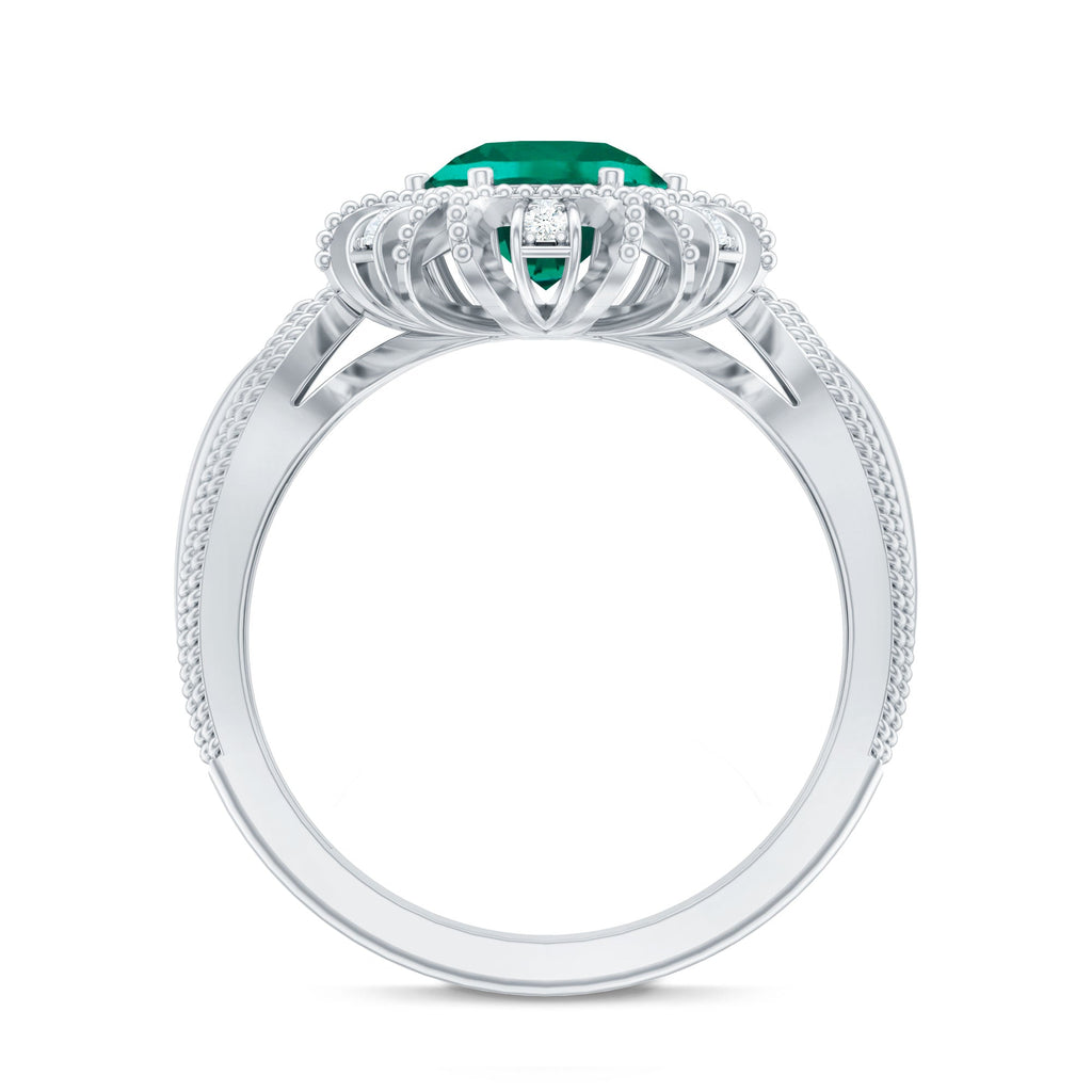 Lab Grown Emerald Ring – Vintage Flower Engagement Ring With Beaded Detailing