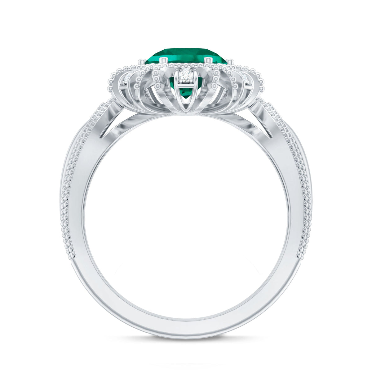 Lab Grown Emerald Ring – Vintage Flower Engagement Ring With Beaded Detailing