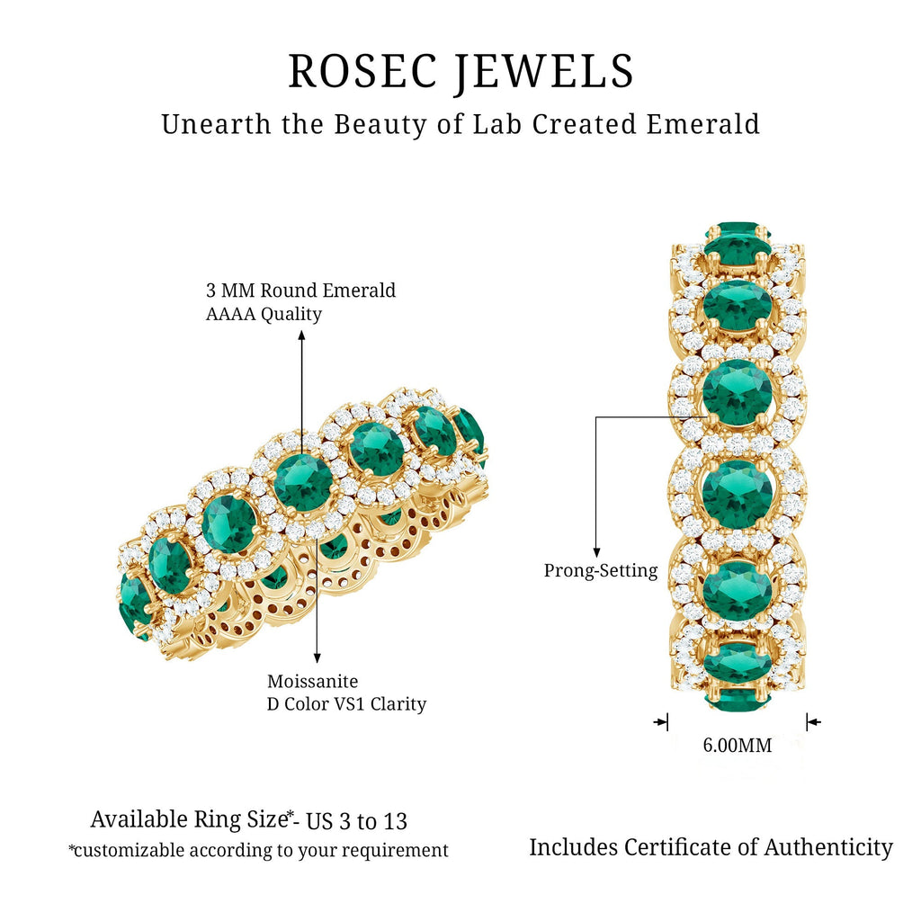 Lab Grown Emerald Ring – Vintage Style Emerald Wedding Band With Moissanite Halo