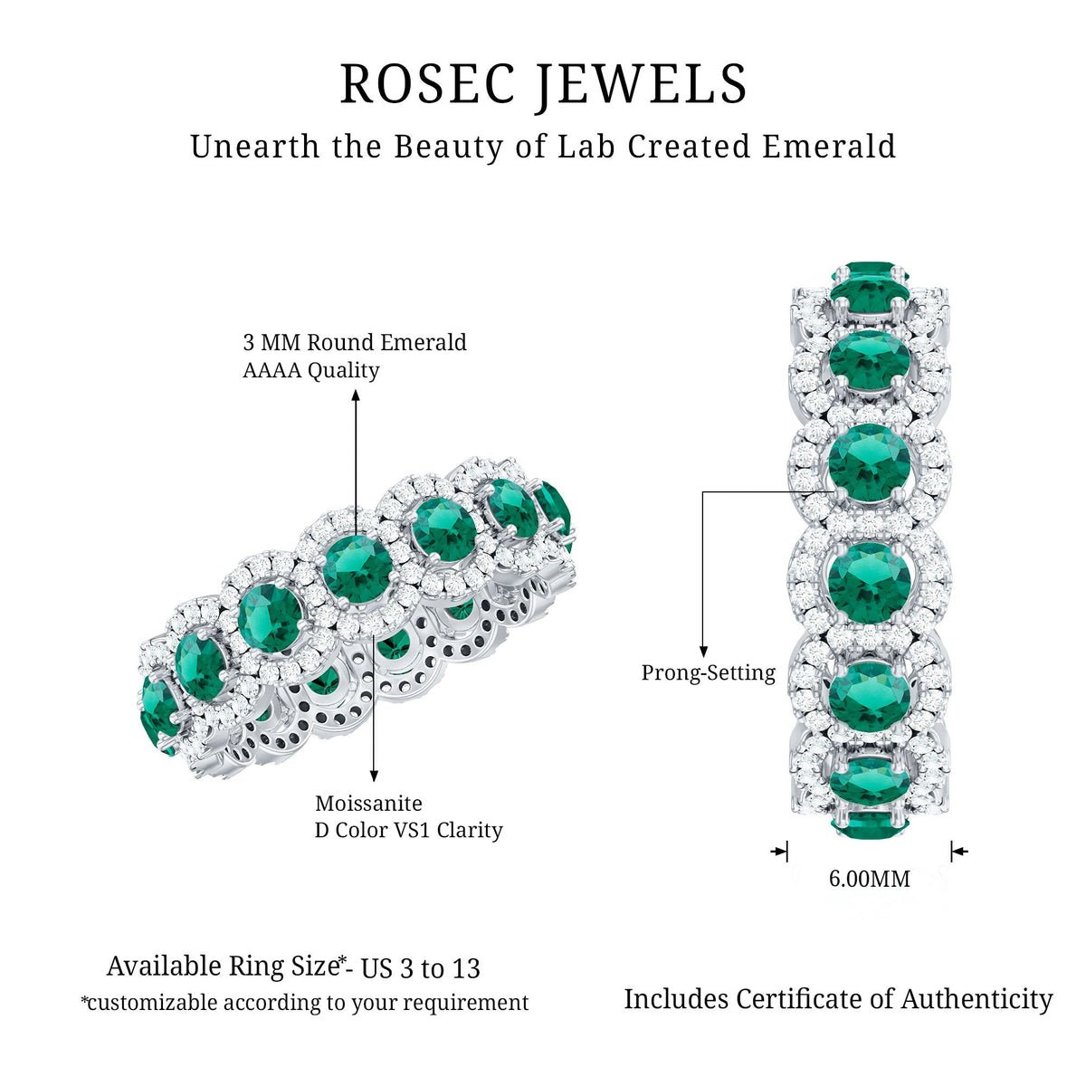Lab Grown Emerald Ring – Vintage Style Emerald Wedding Band With Moissanite Halo