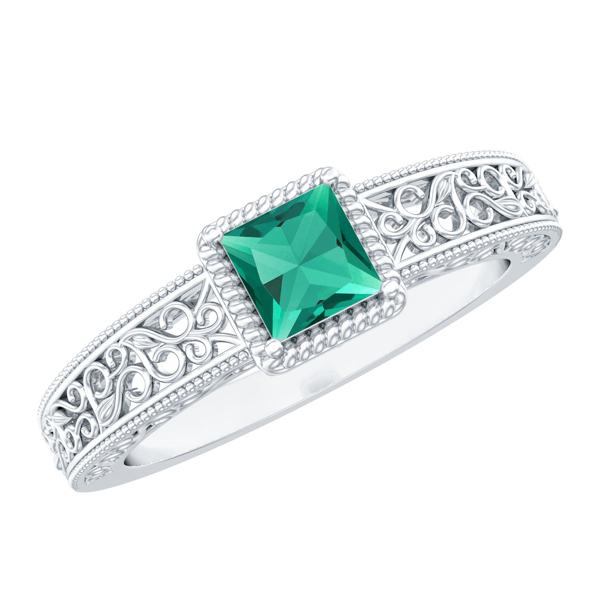 Lab Grown Emerald Ring – Vintage Style Princess Cut Filigree Promise Ring