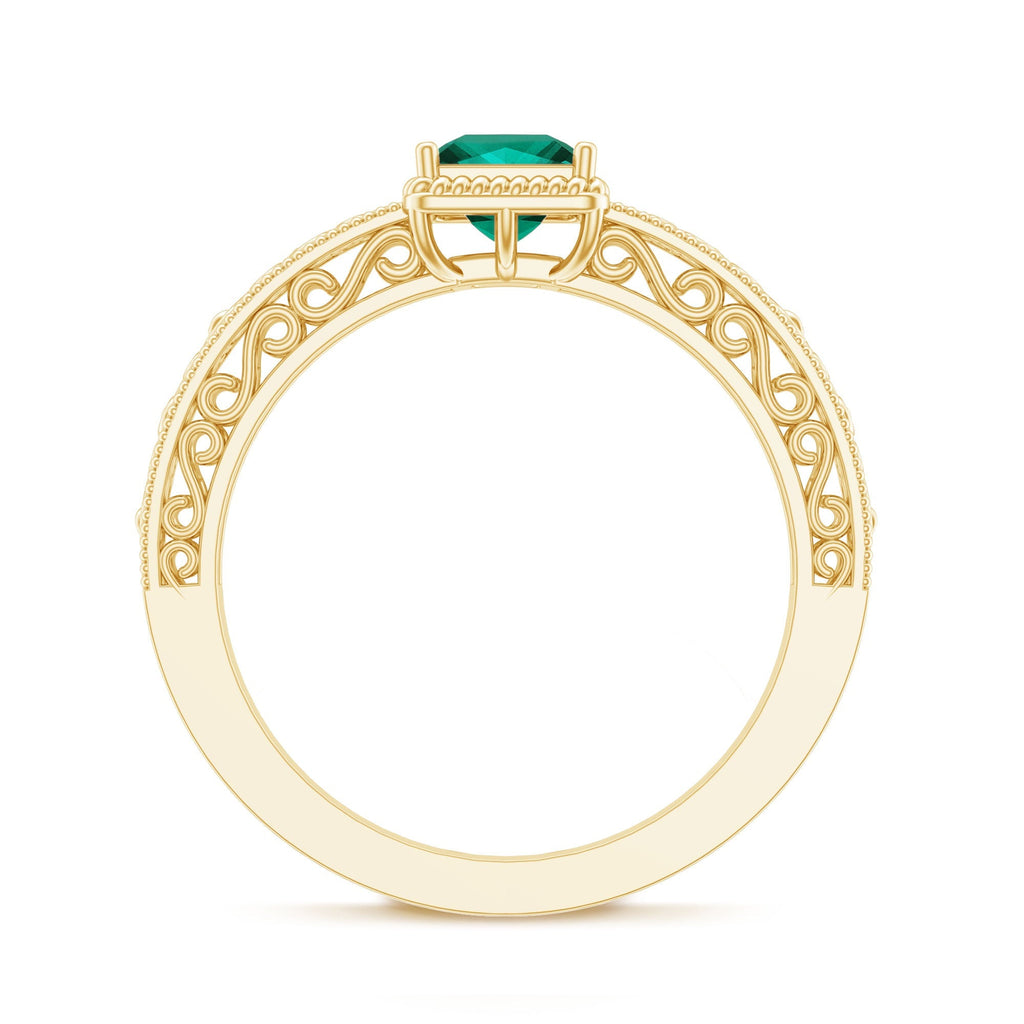 Lab Grown Emerald Ring – Vintage Style Princess Cut Filigree Promise Ring