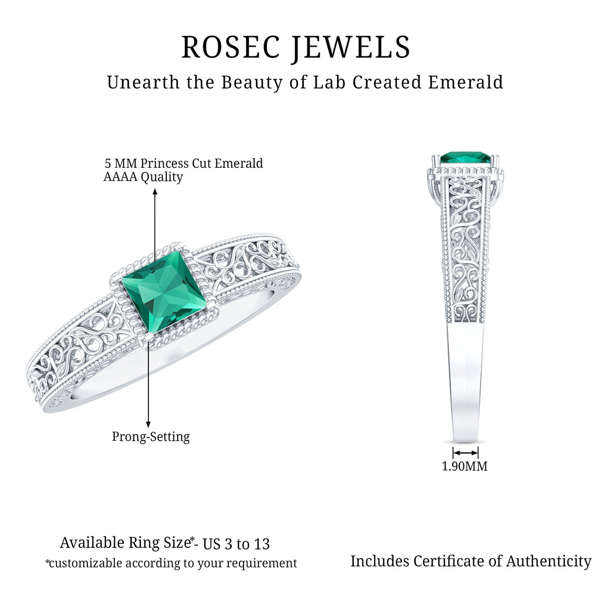 Lab Grown Emerald Ring – Vintage Style Princess Cut Filigree Promise Ring