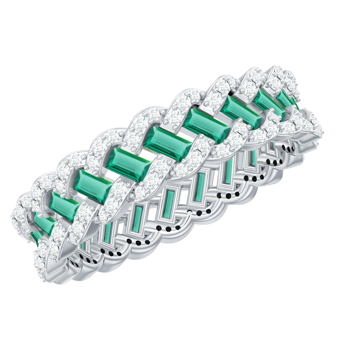 Lab Grown Emerald Wedding Band – Braided Ring Design with Moissanite Stones