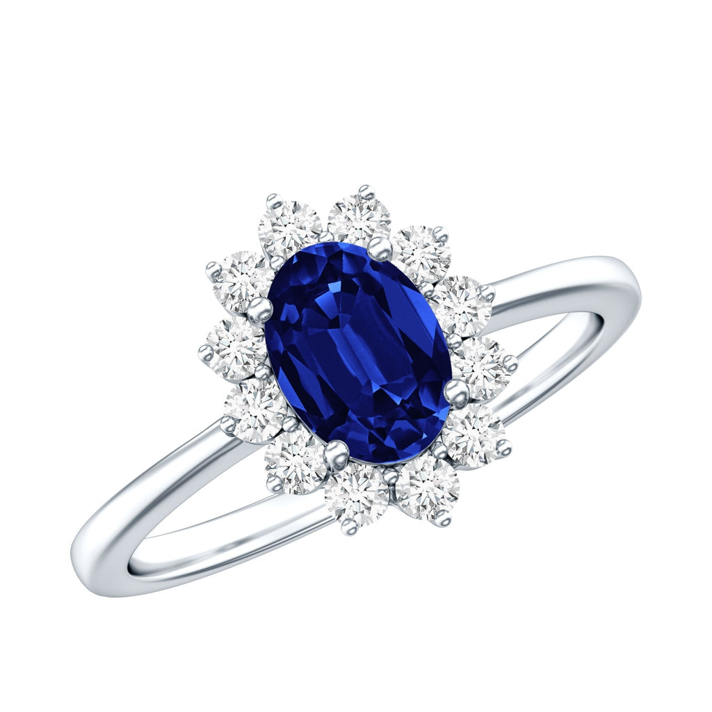 Lab Grown Sapphire Ring, 1 Carat Oval Blue Sapphire Diamond Halo
