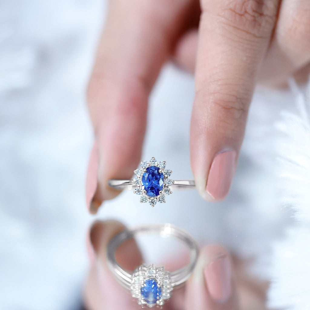Lab Grown Sapphire Ring, 1 Carat Oval Blue Sapphire Diamond Halo