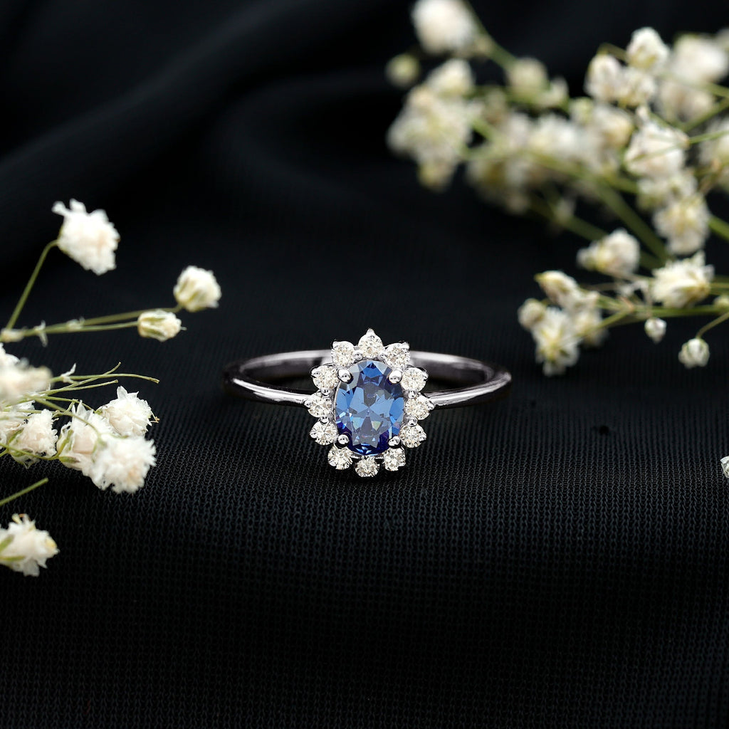 Lab Grown Sapphire Ring, 1 Carat Oval Blue Sapphire Diamond Halo