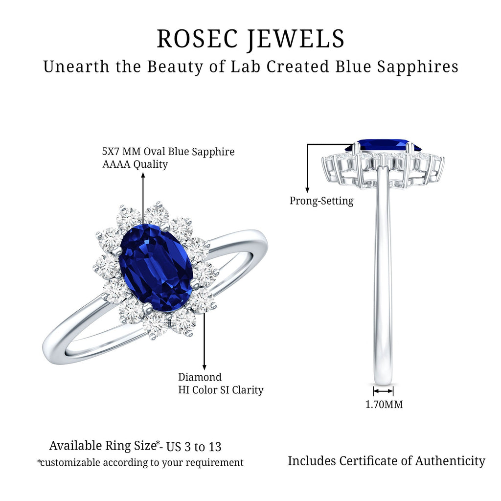 Lab Grown Sapphire Ring, 1 Carat Oval Blue Sapphire Diamond Halo