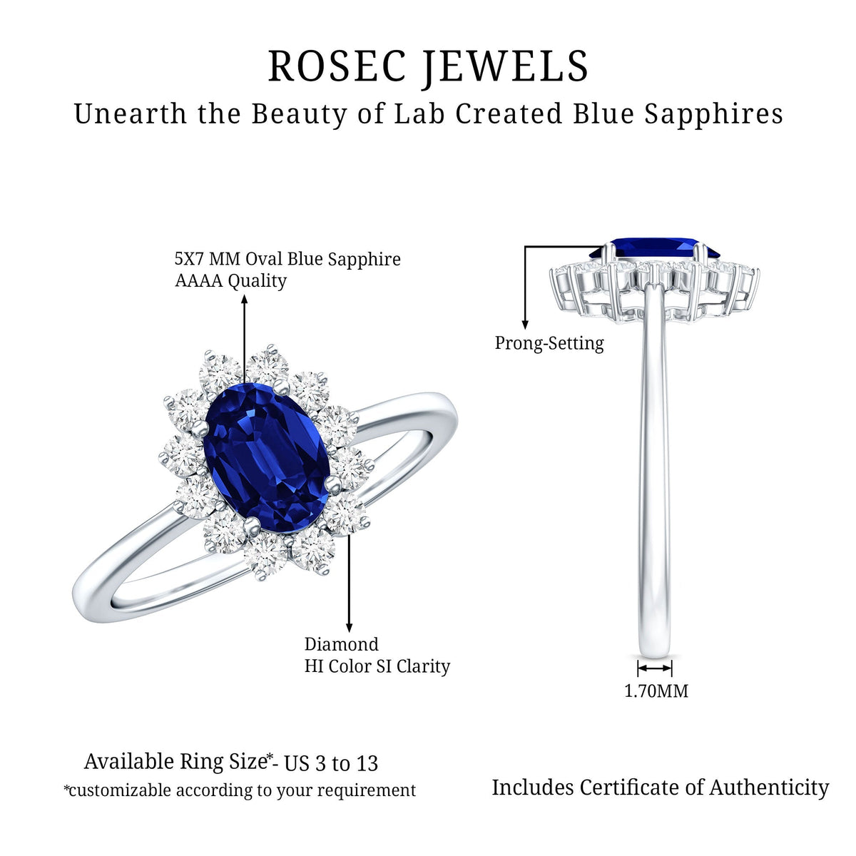 Lab Grown Sapphire Ring, 1 Carat Oval Blue Sapphire Diamond Halo