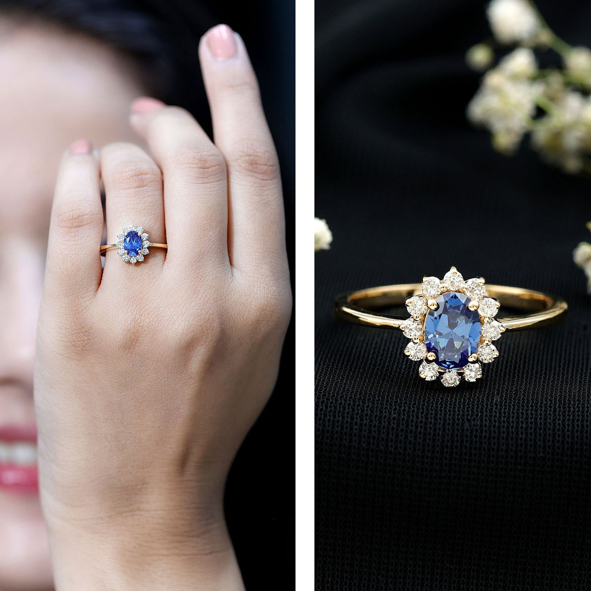 Lab Grown Sapphire Ring, 1 Carat Oval Blue Sapphire Diamond Halo