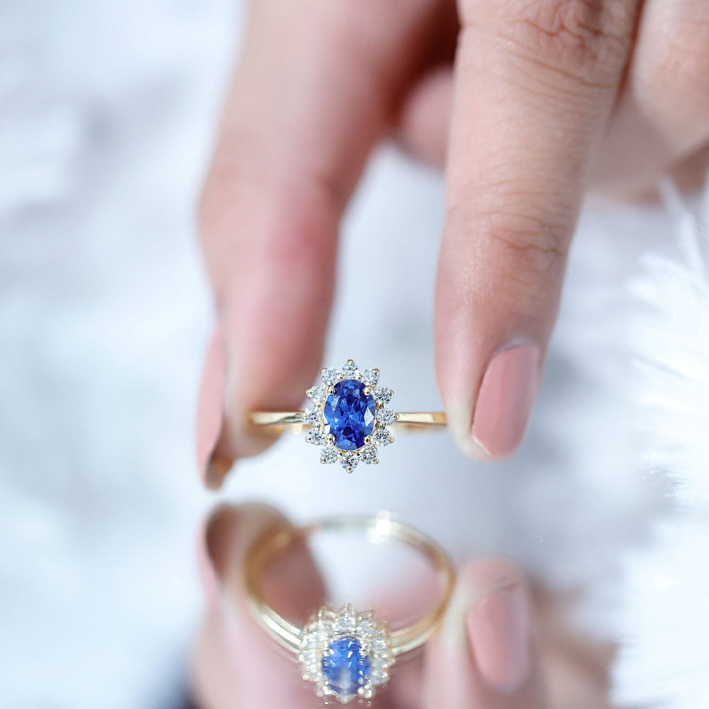 Lab Grown Sapphire Ring, 1 Carat Oval Blue Sapphire Diamond Halo