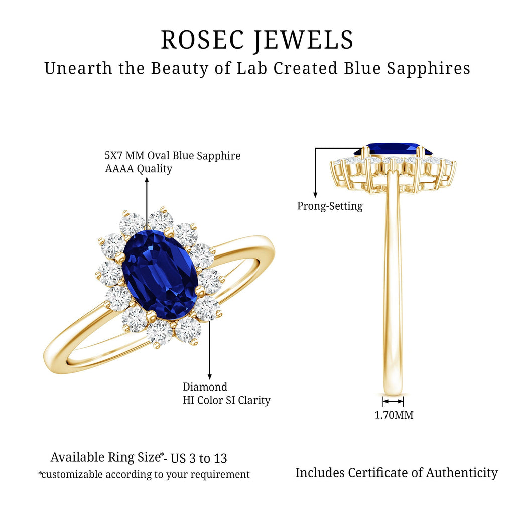 Lab Grown Sapphire Ring, 1 Carat Oval Blue Sapphire Diamond Halo