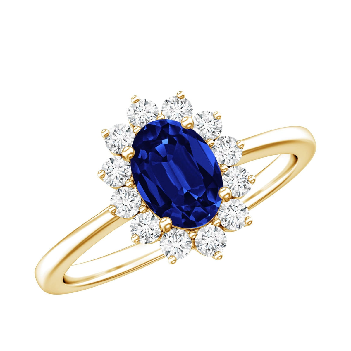 Lab Grown Sapphire Ring, 1 Carat Oval Blue Sapphire Diamond Halo