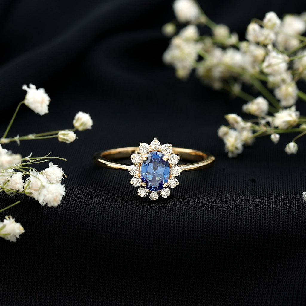 Lab Grown Sapphire Ring, 1 Carat Oval Blue Sapphire Diamond Halo