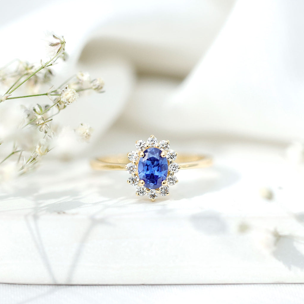 Lab Grown Sapphire Ring, 1 Carat Oval Blue Sapphire Diamond Halo