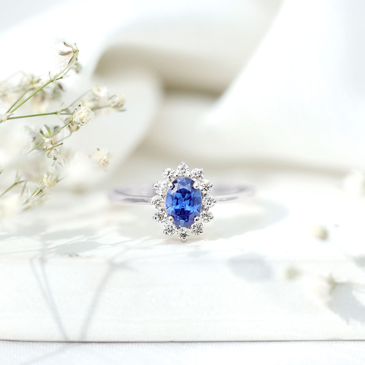 Lab Grown Sapphire Ring, 1 Carat Oval Blue Sapphire Diamond Halo