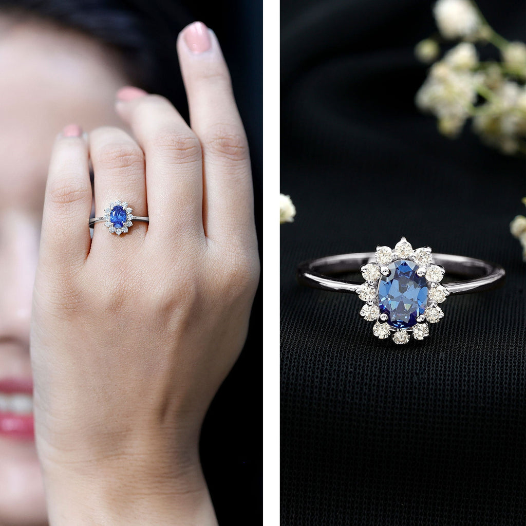 Lab Grown Sapphire Ring, 1 Carat Oval Blue Sapphire Diamond Halo