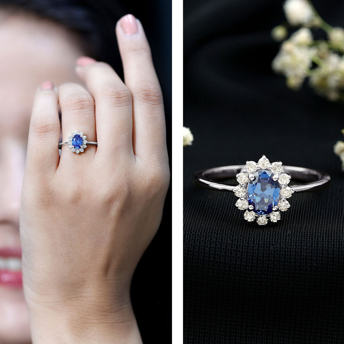 Lab Grown Sapphire Ring, 1 Carat Oval Blue Sapphire Diamond Halo