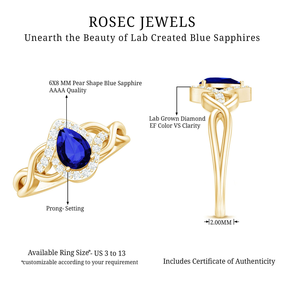 Lab Grown Sapphire Ring, 1.6 Ct Blue Teardrop Diamond Crossover
