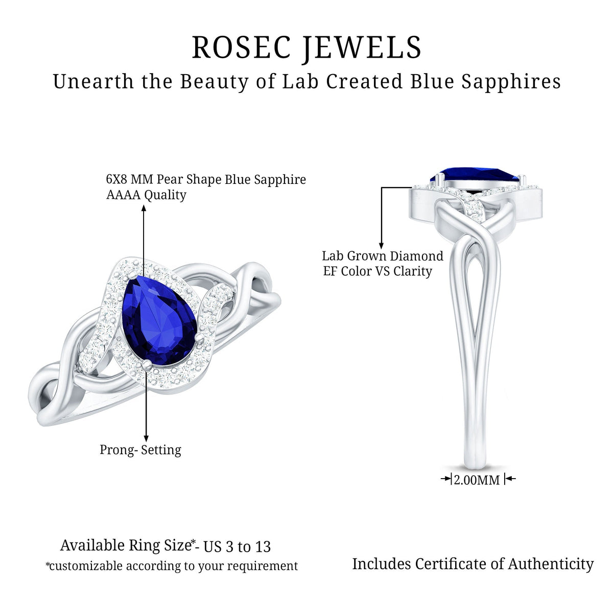 Lab Grown Sapphire Ring, 1.6 Ct Blue Teardrop Diamond Crossover