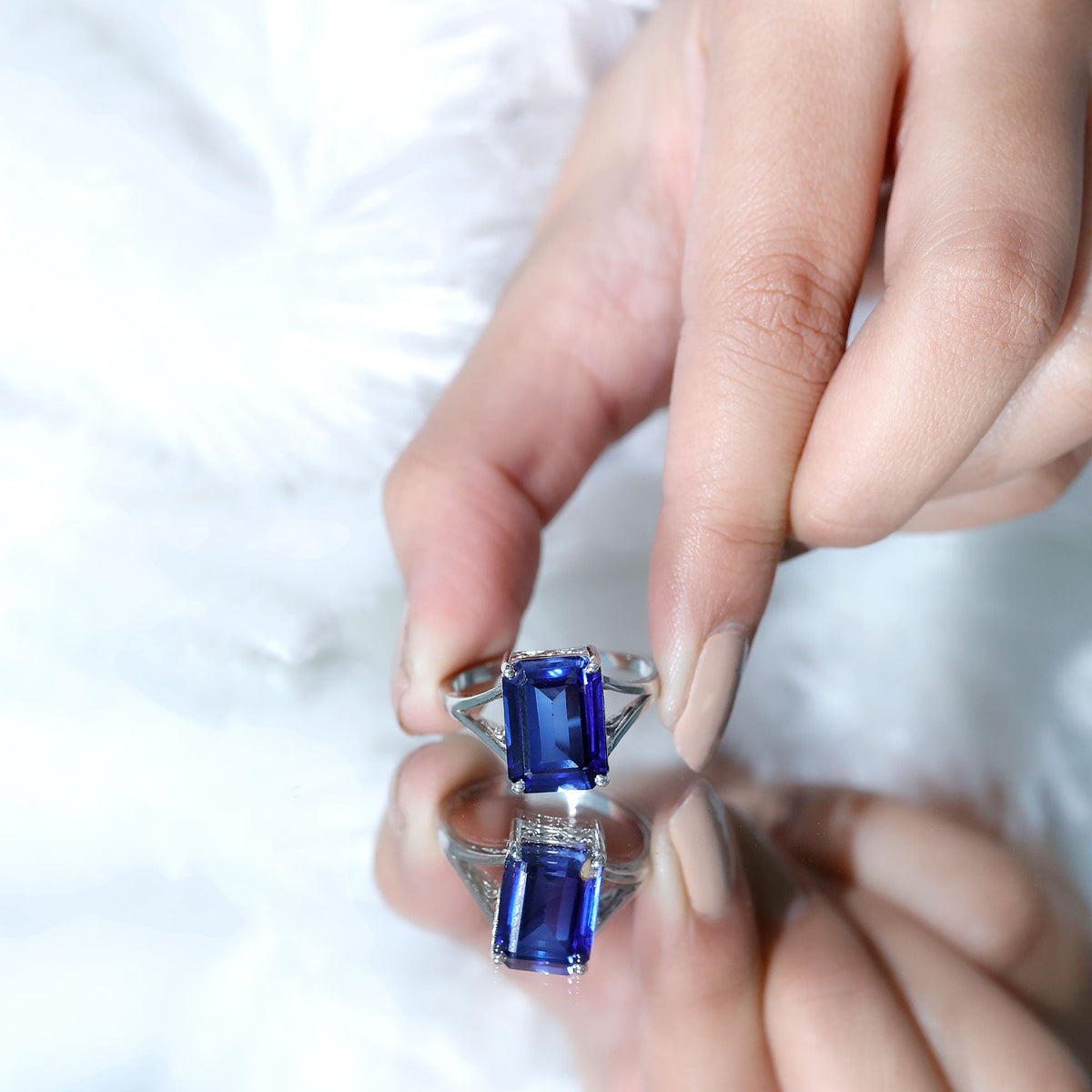 Lab Grown Sapphire Ring, 9 Carat Emerald Cut Engagement Ring