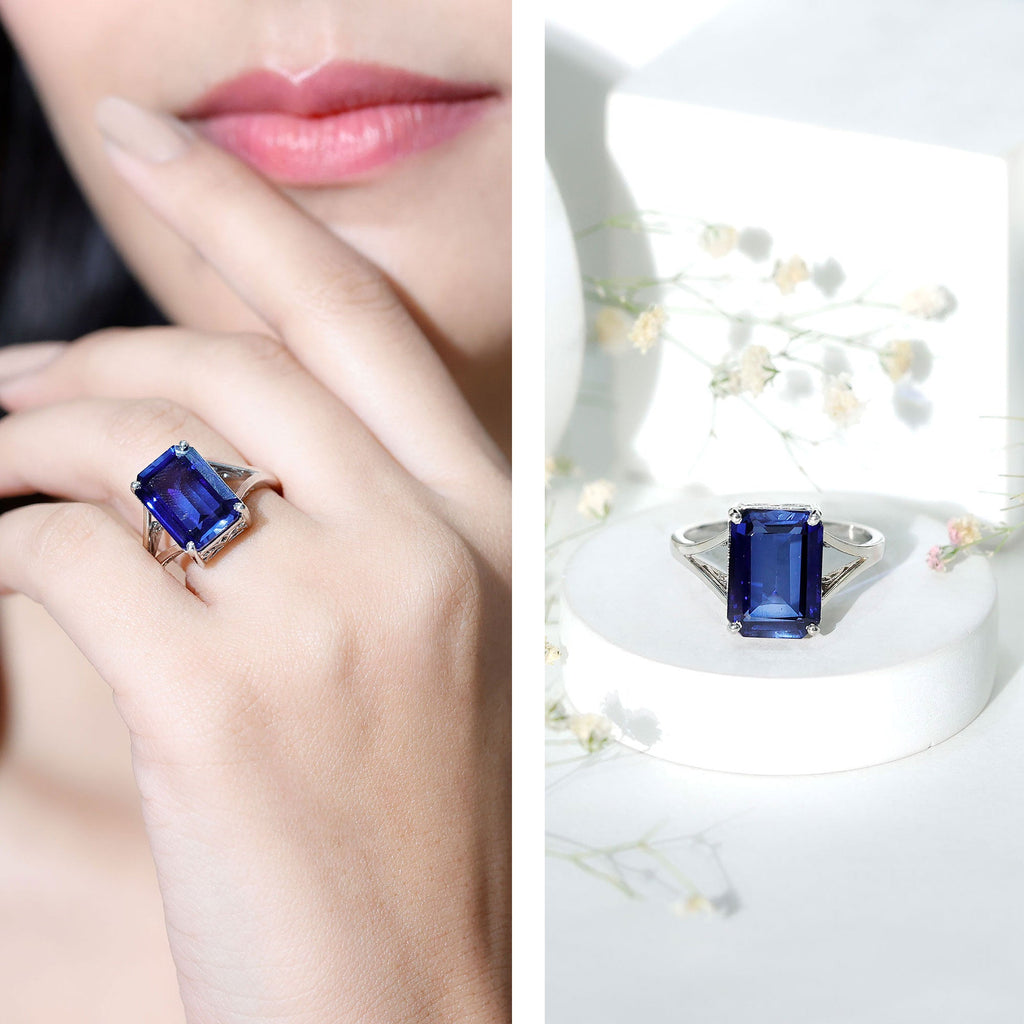 Lab Grown Sapphire Ring, 9 Carat Emerald Cut Engagement Ring