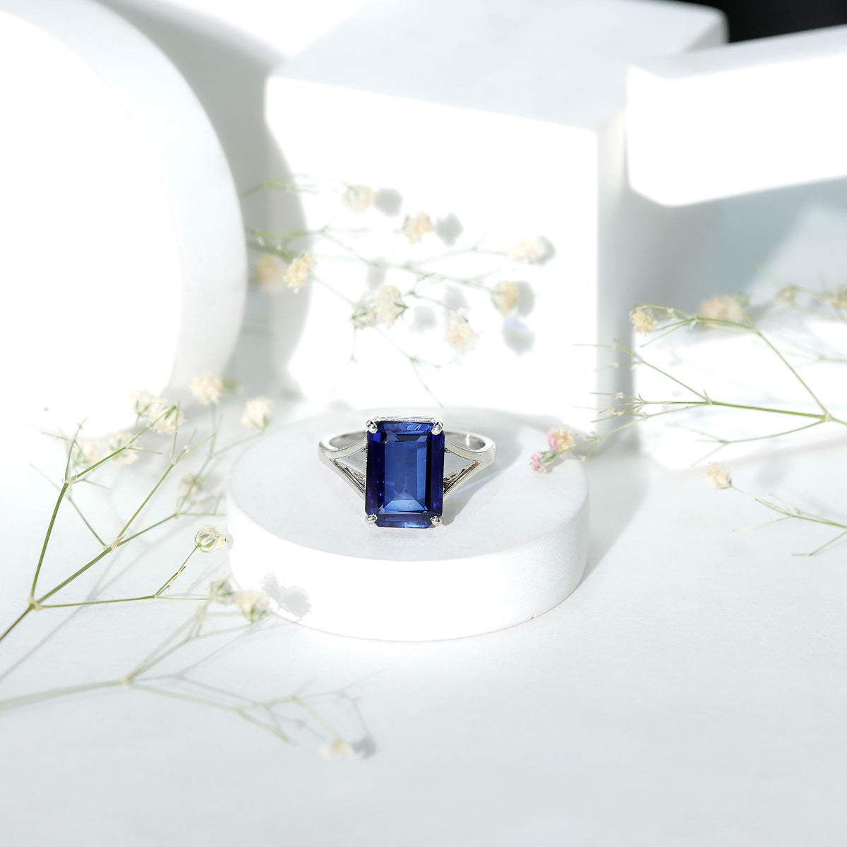 Lab Grown Sapphire Ring, 9 Carat Emerald Cut Engagement Ring