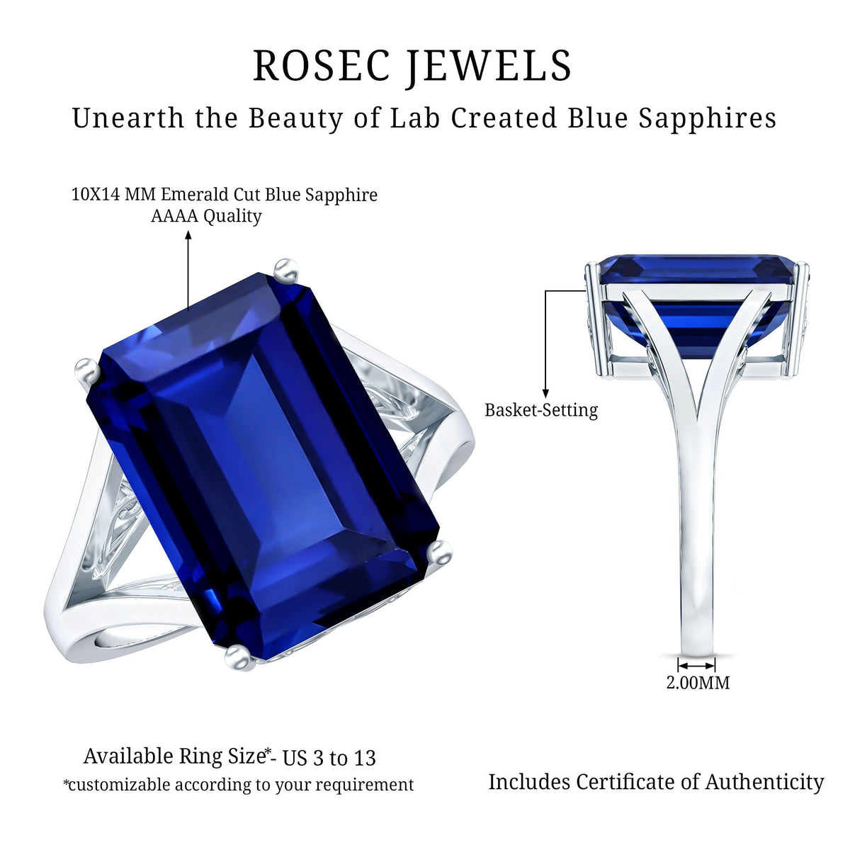 Lab Grown Sapphire Ring, 9 Carat Emerald Cut Engagement Ring
